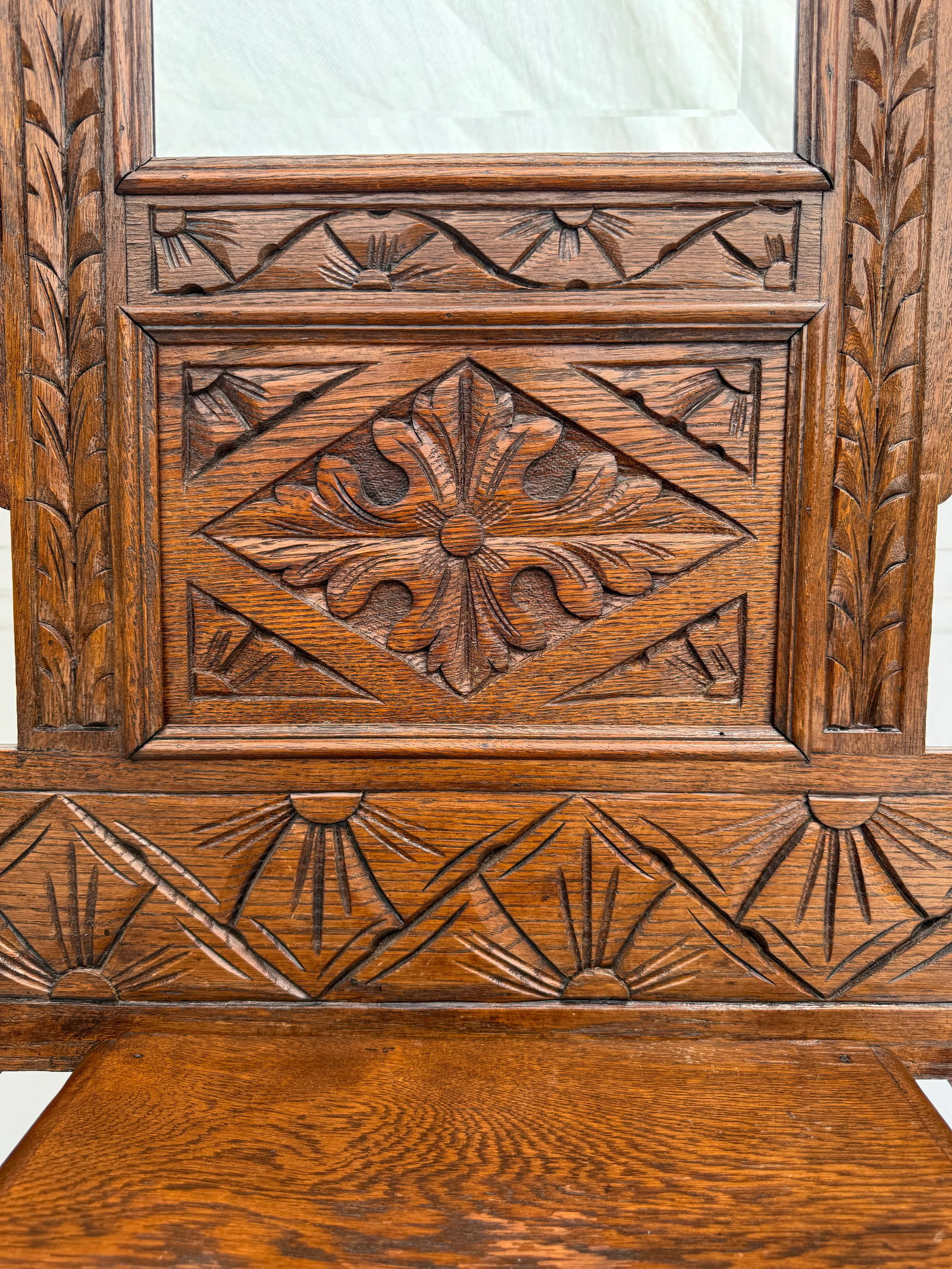 Mid 20th C. Hand-Carved Halltree Entry Organizer With Mirror and Hooks - 6