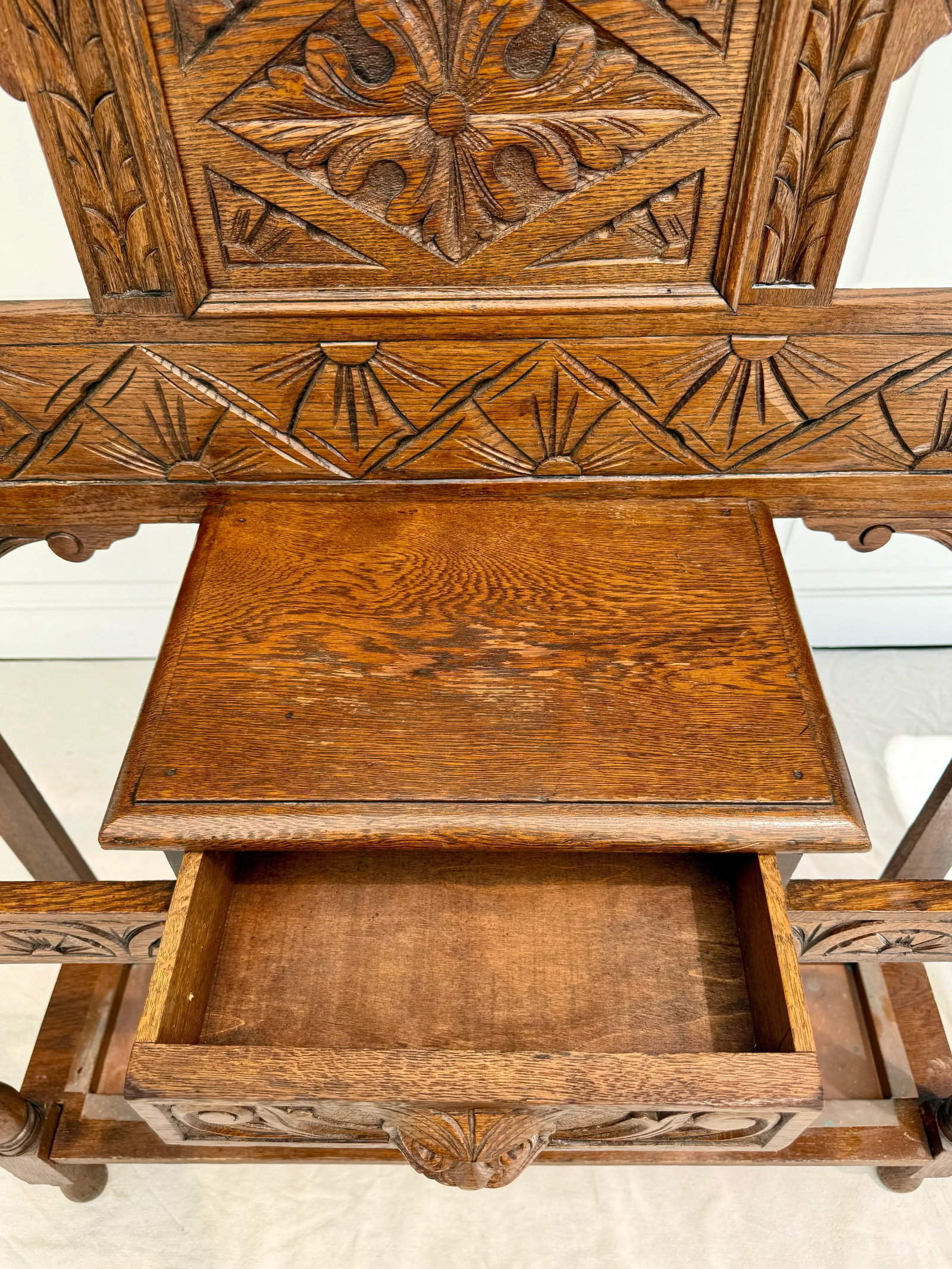 Mid 20th C. Hand-Carved Halltree Entry Organizer With Mirror and Hooks - 7