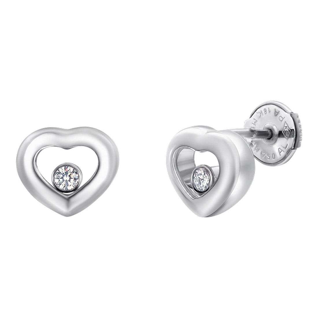 Chopard Happy Diamonds 18k White Gold Heart Stud Earrings 0.10 Carats-Set of 2: Celebrate iconic luxury with these Chopard Happy Diamonds Heart Stud Earrings, crafted in luminous 18K white gold and set with signature floating diamonds totaling approximately 0.10 carats. These