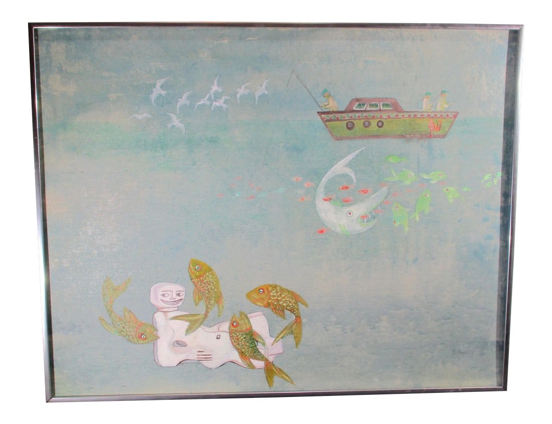 Mid 20th Century Deep Sea Fantasy Painting by D. Pacina, Framed: Large fantasy scene in the deep blue sea and in the mid depth and surface play of the fishes and the birds. Happy fishermen on their boat watch the waves for fish. A naive art by Pacina, painted on
