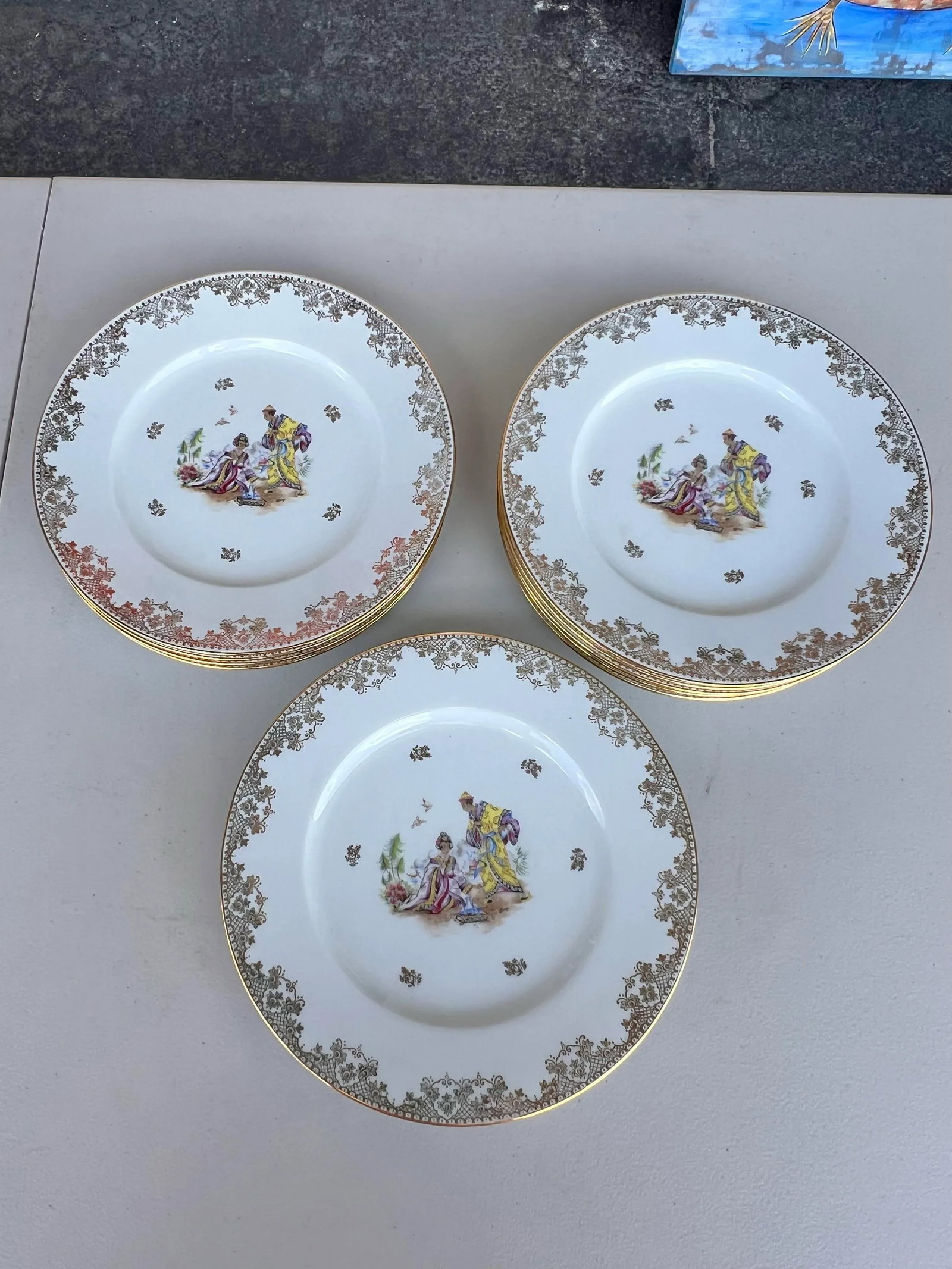 Vintage Limoges Dinner Plates With Asian Style Signed- Set of 16 - 2