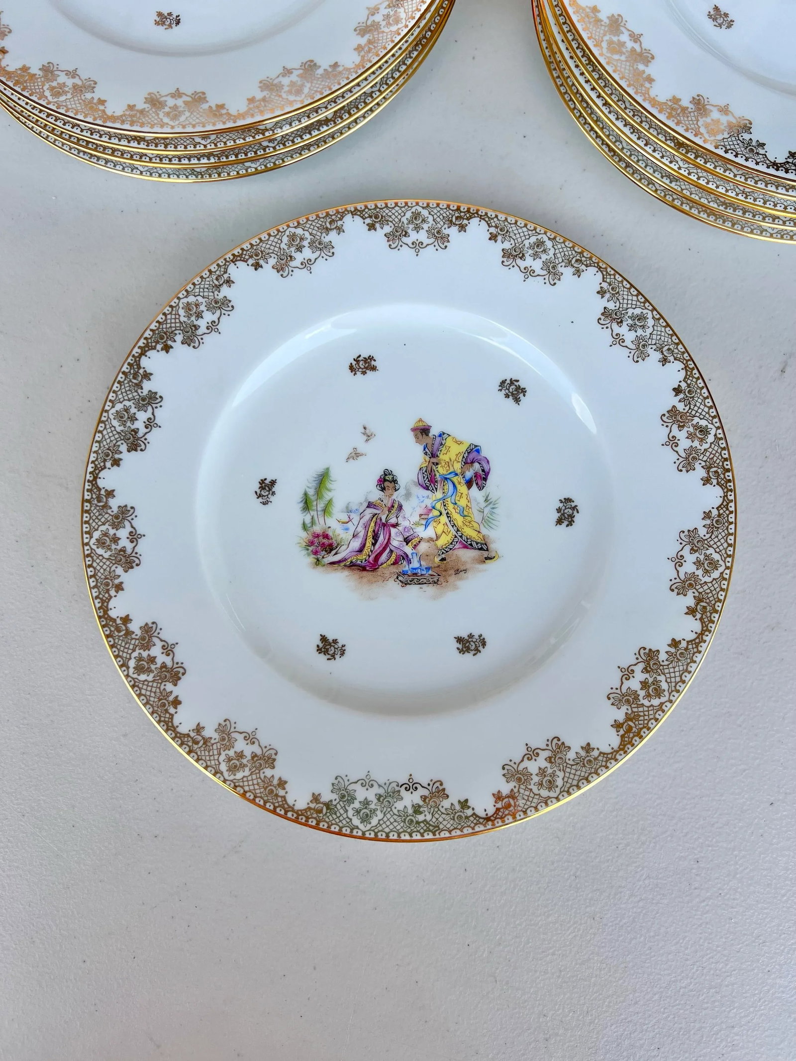Vintage Limoges Dinner Plates With Asian Style Signed- Set of 16 - 4