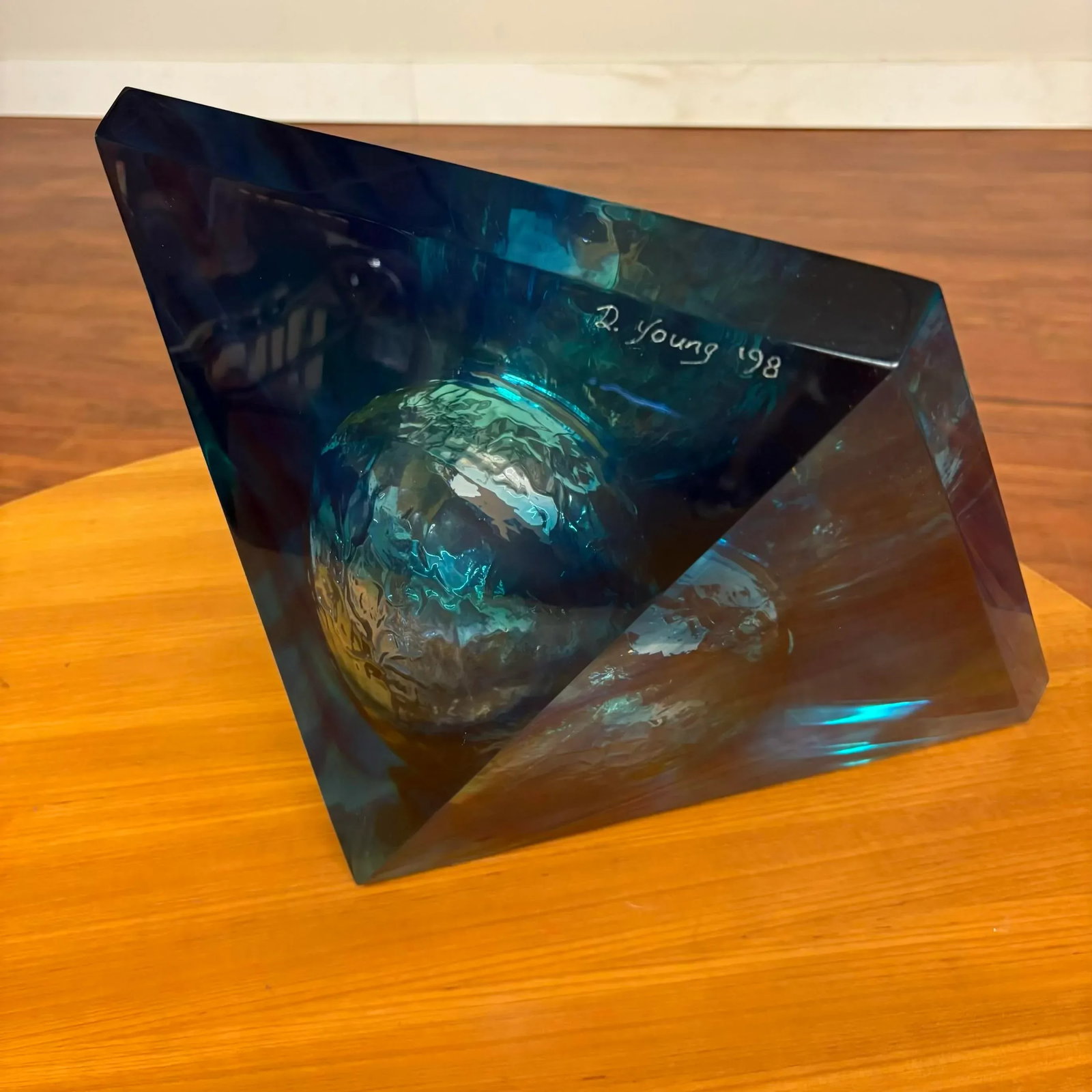 Blue Lucite Abstract Pyramid Sculpture -Signed and Dated '98 - 10