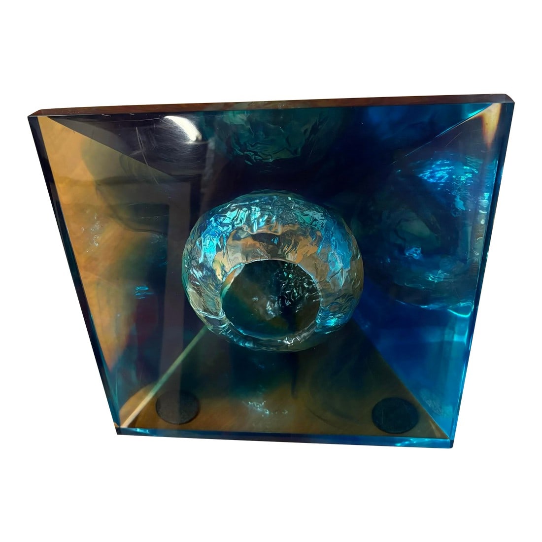 Blue Lucite Abstract Pyramid Sculpture -Signed and Dated '98: A captivating work of contemporary sculpture by D. Young, signed and dated 1998. Crafted from richly pigmented blue Lucite (cast acrylic), this dramatic geometric piece takes the form of a pyramid