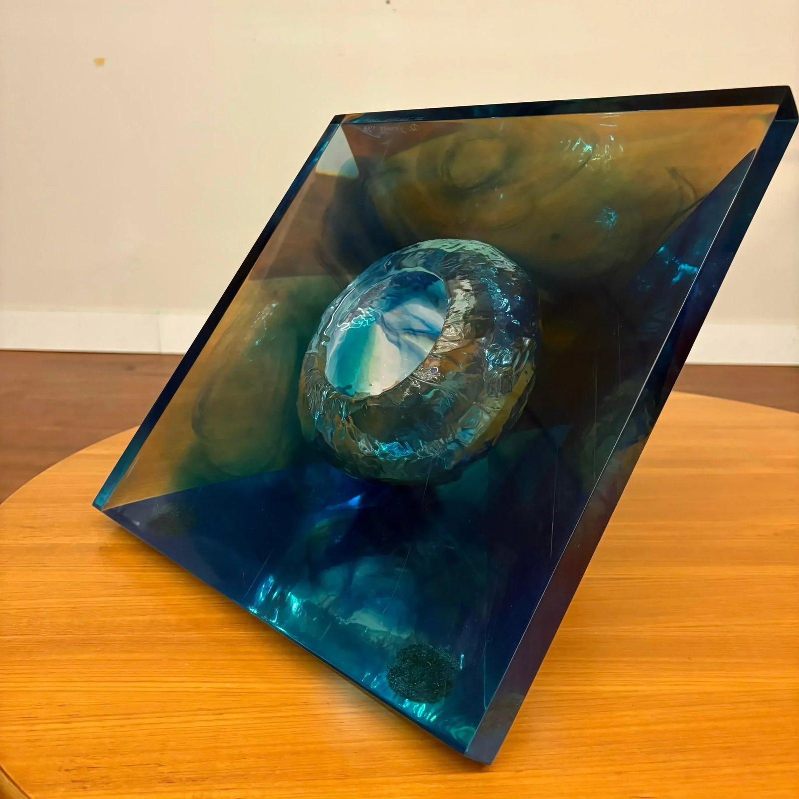 Blue Lucite Abstract Pyramid Sculpture -Signed and Dated '98 - 8