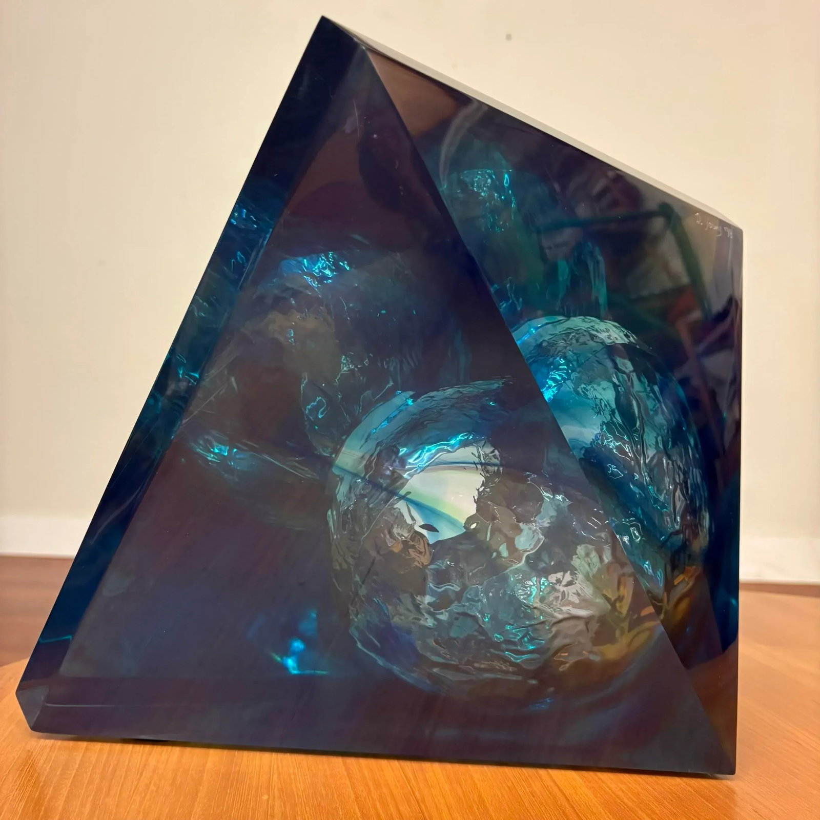 Blue Lucite Abstract Pyramid Sculpture -Signed and Dated '98 - 9