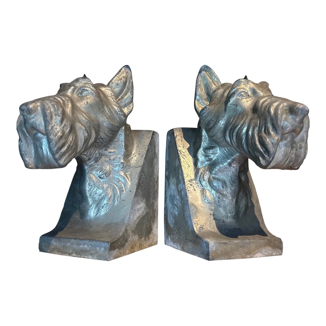 Scotty Dog Bookends- A Pair 1940"s Metal: Cast metal antique book ends set set of two. Scotty dogs. 5" d x 6.5" T x 3" w Condition: Alterations: Original Condition Unaltered Imperfections: Some Imperfections Condition Notes: Nice old patina