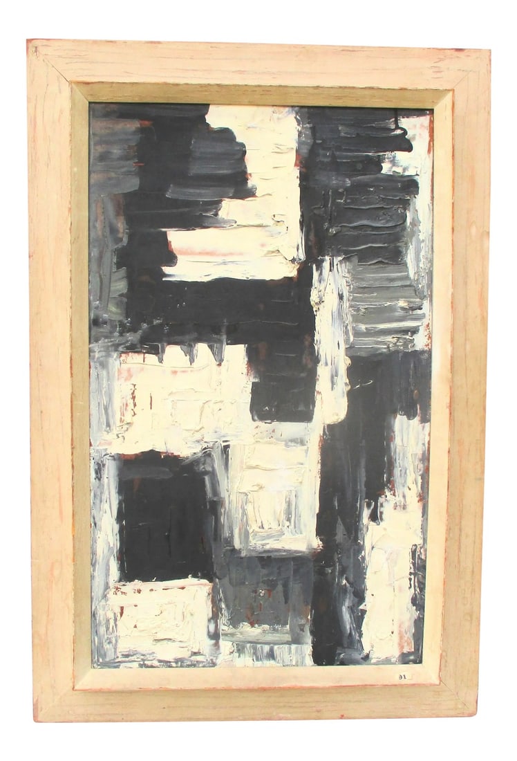 Vintage 1960's Abstract Expressionist Oil on Panel: Black and White abstract expressionist painting on panel. Vintage 60s' oil in thick impasto brush and knife work spread in vertical and perpendicular directions on the vertical design. Deep black to d
