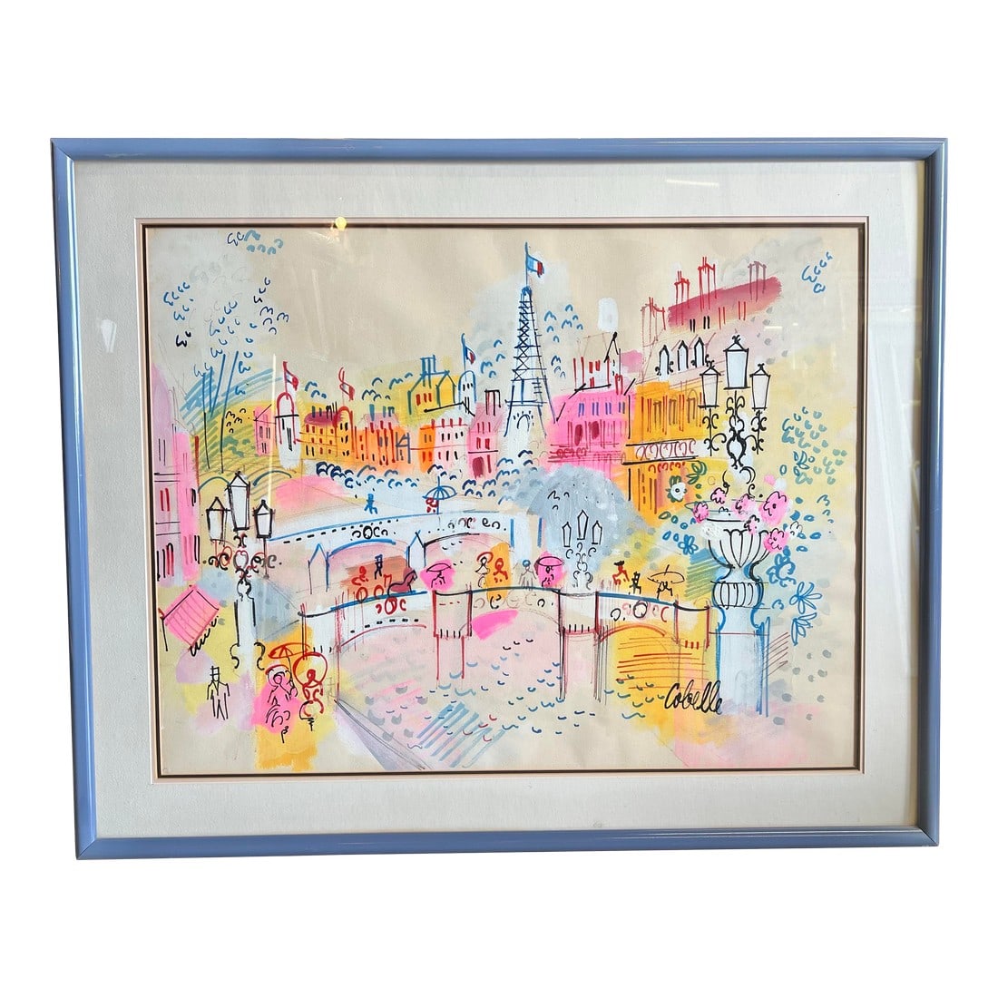 Mid 20th Century Original Impressionist Painting by Cobelle: Original, one of a kind oil on paper artwork "By the Canal". Framed in a simple blue wood frame that compliments the bright colors in the painting. Signed by French artist Charles Cobelle in the