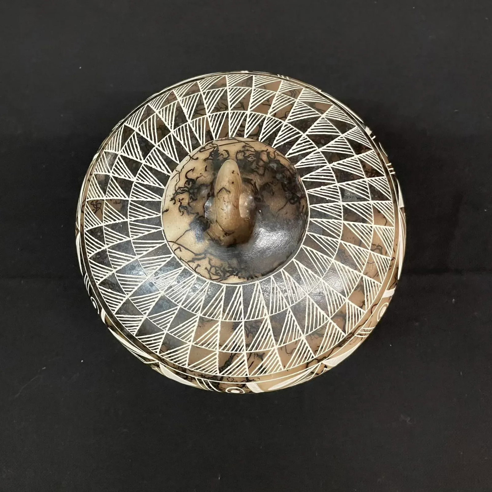 Native American Geometric Sgraffito Horsehair Pottery Lidded Jar - Acoma Pueblo - 5