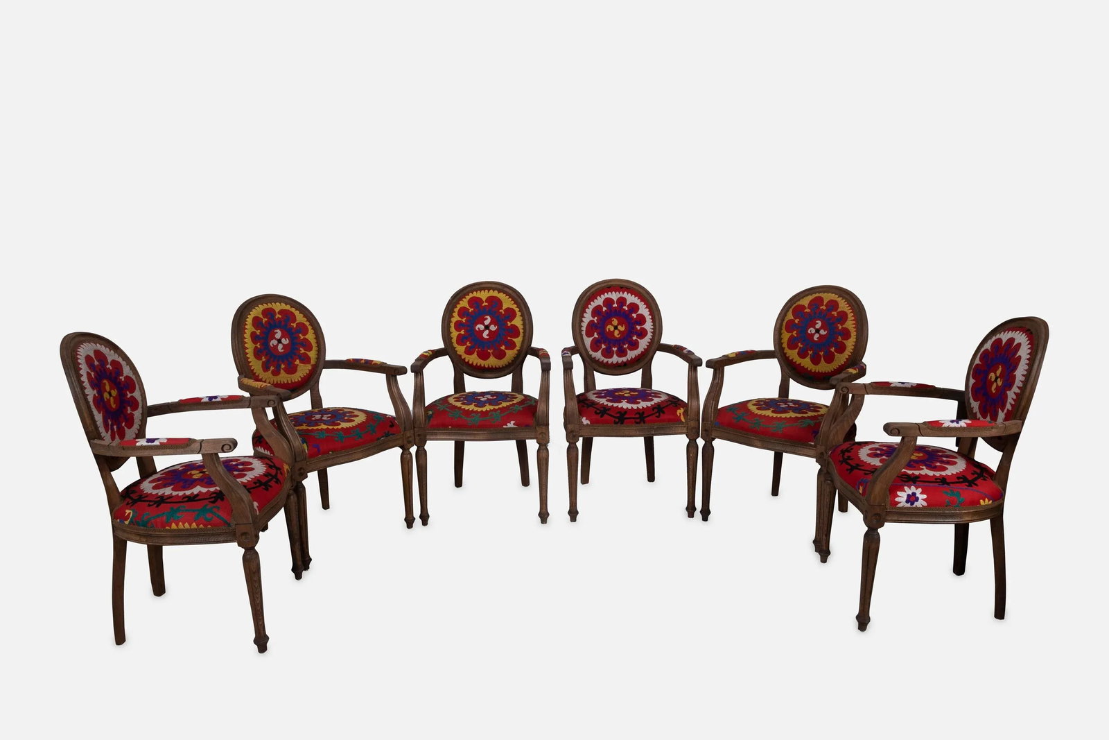Set of 6 Wooden Suzani Armchair - Diningroom Chair With Bergere Style - 13