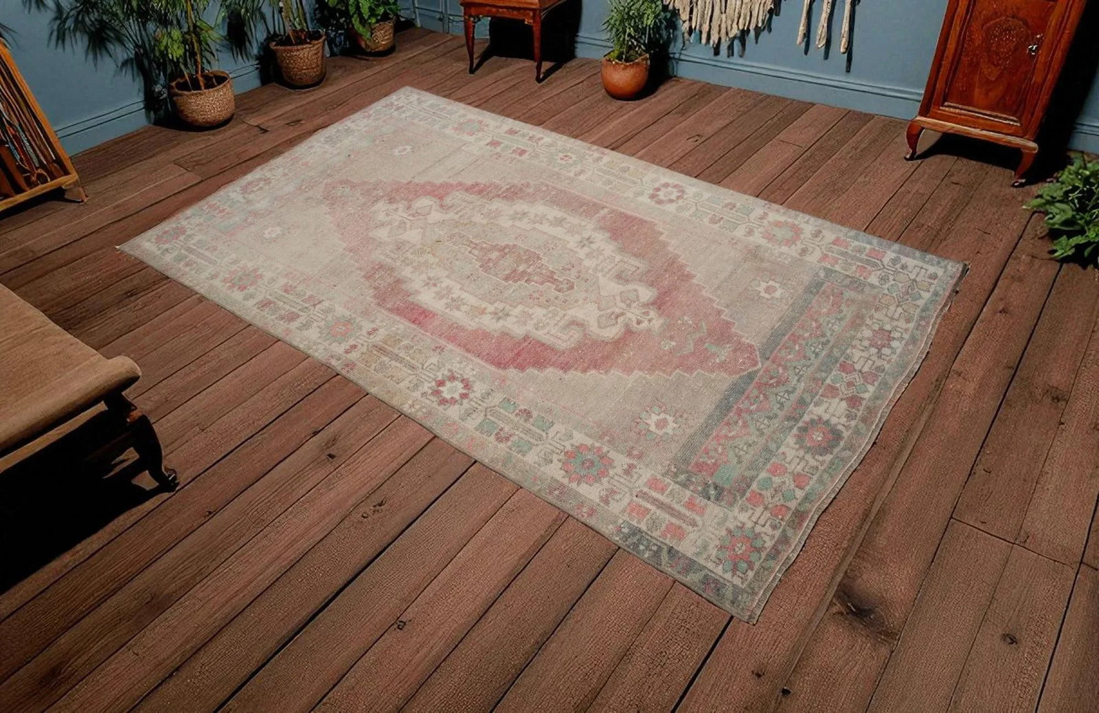 Distressed Turkish Rug Hand Knotted Vintage Low Pile Muted Color Anatolian Area Rug - 3"² - 2