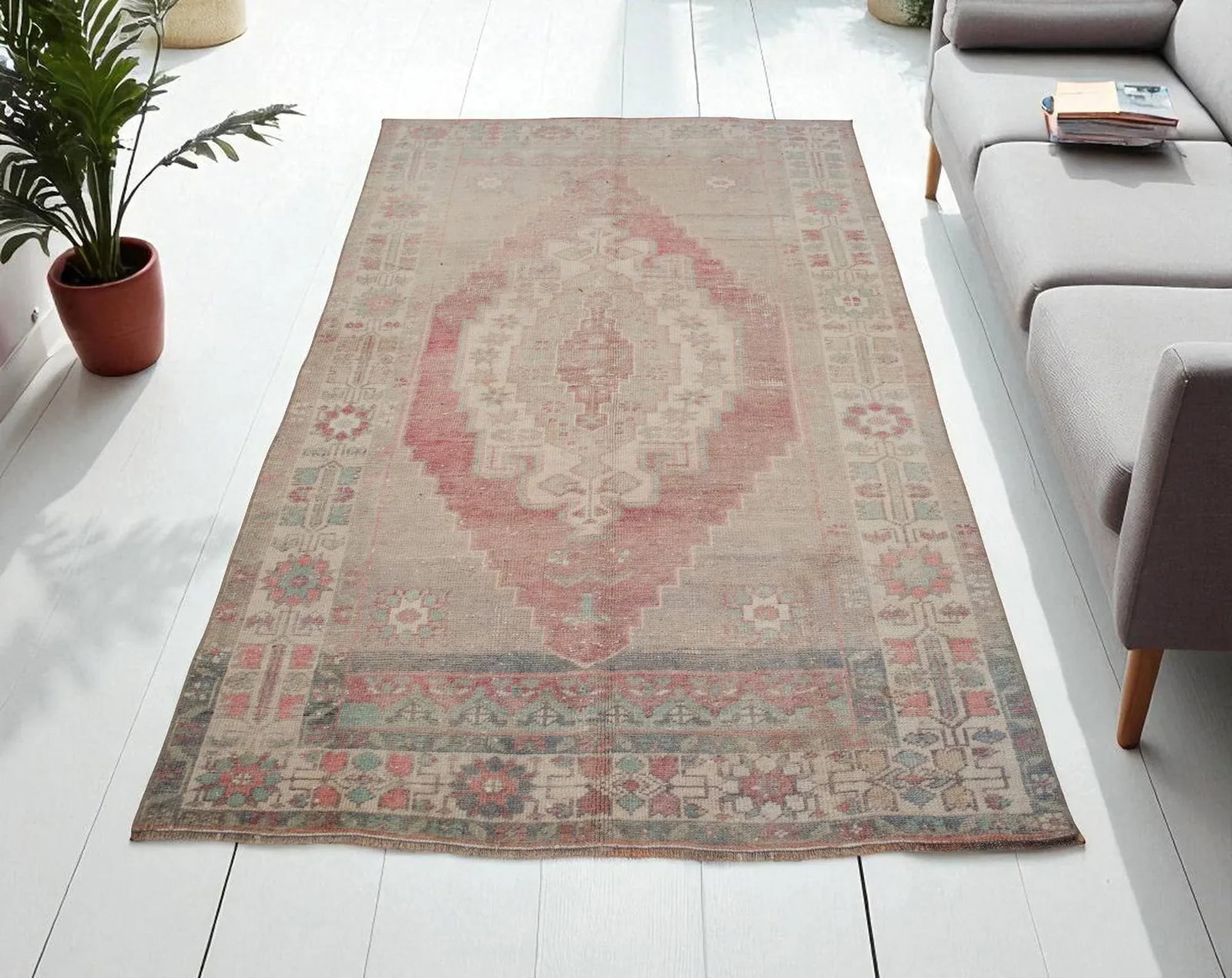 Distressed Turkish Rug Hand Knotted Vintage Low Pile Muted Color Anatolian Area Rug - 3"² - 3