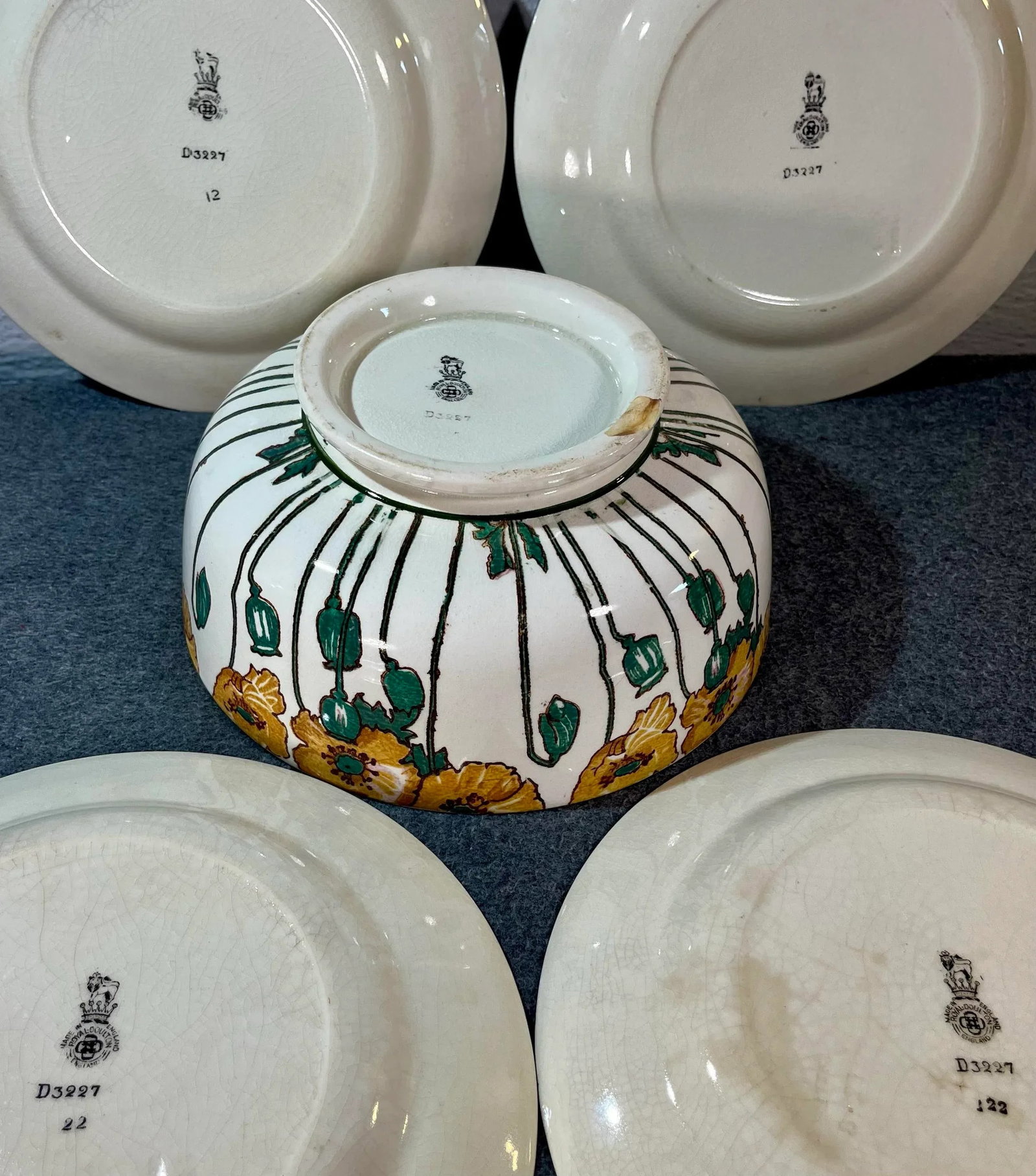 Antique Royal Doulton Poppy Footed Bowl & Plates - Set of 5 - 10