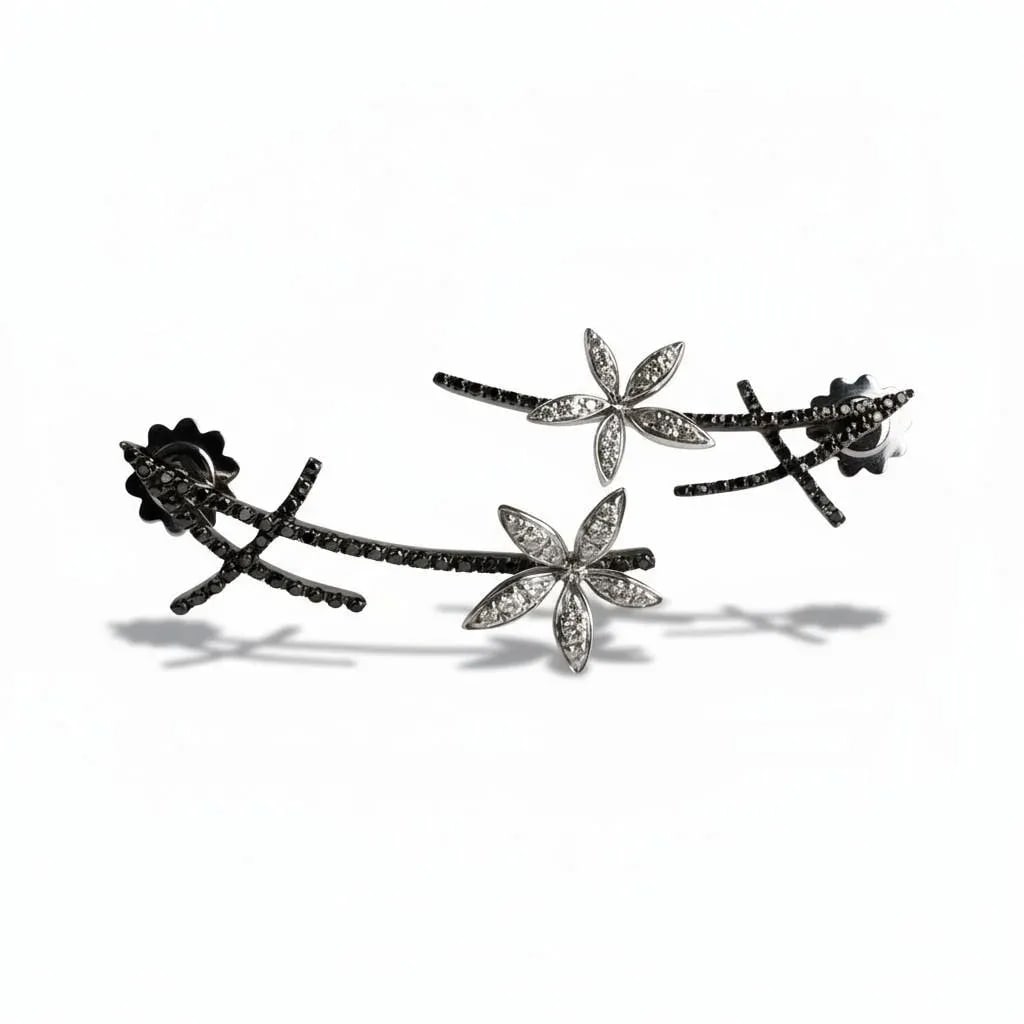 18k White Gold Black & White Diamond Floral Vintage Earrings by Stefan Hafner, A Pair - 10