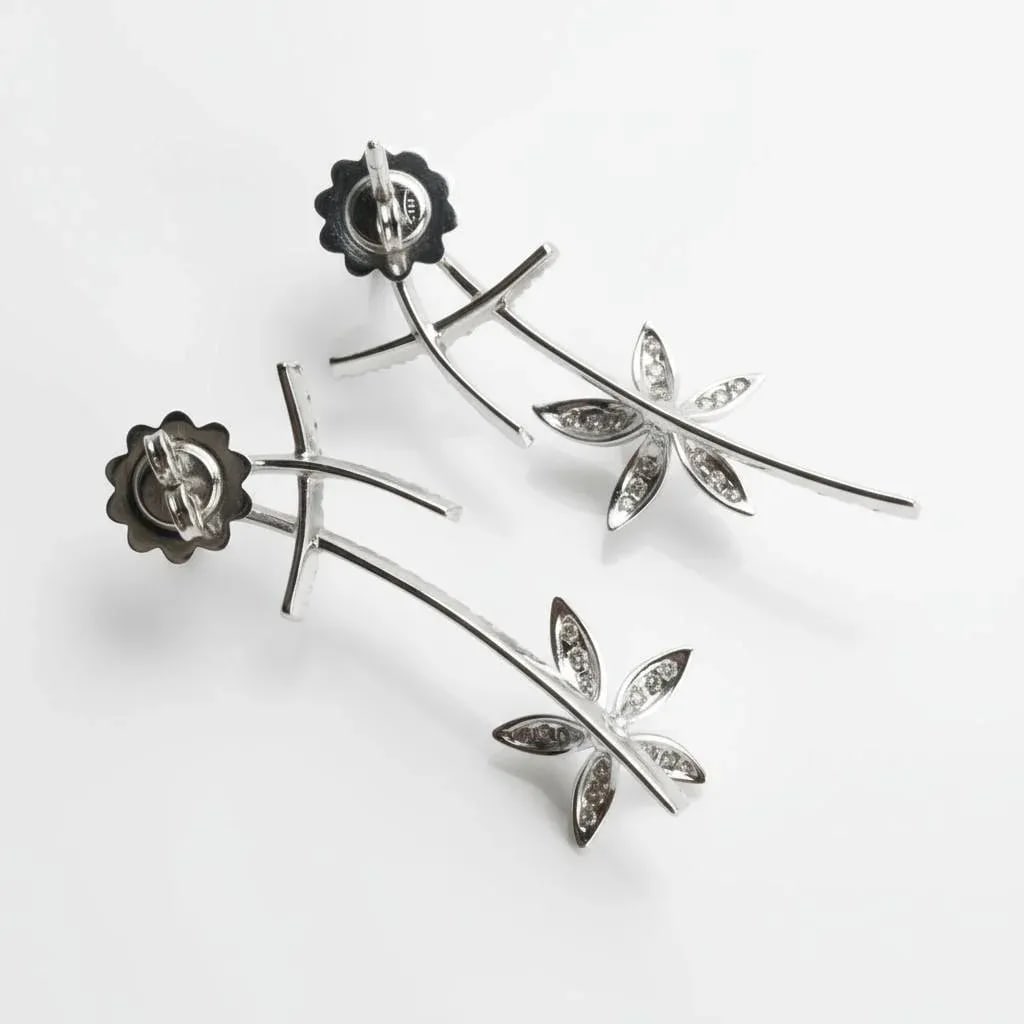 18k White Gold Black & White Diamond Floral Vintage Earrings by Stefan Hafner, A Pair - 11