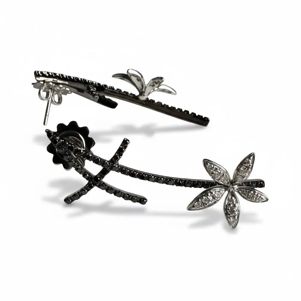 18k White Gold Black & White Diamond Floral Vintage Earrings by Stefan Hafner, A Pair - 14