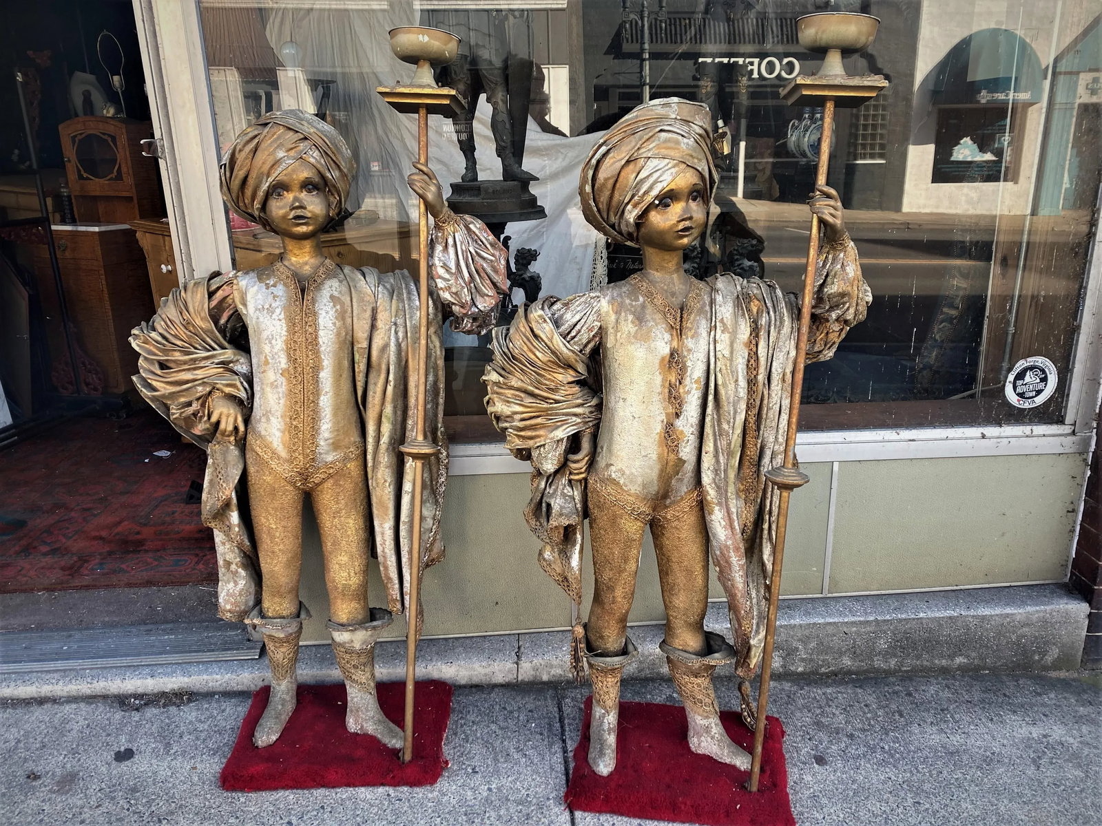 Theatrical Middle Eastern Child Size Figures W/Gold Costumes Turban Torches - A Pair - 13
