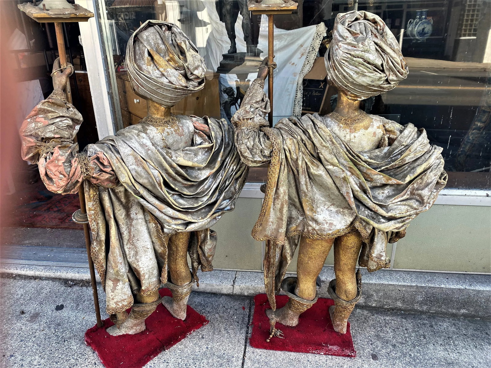 Theatrical Middle Eastern Child Size Figures W/Gold Costumes Turban Torches - A Pair - 8