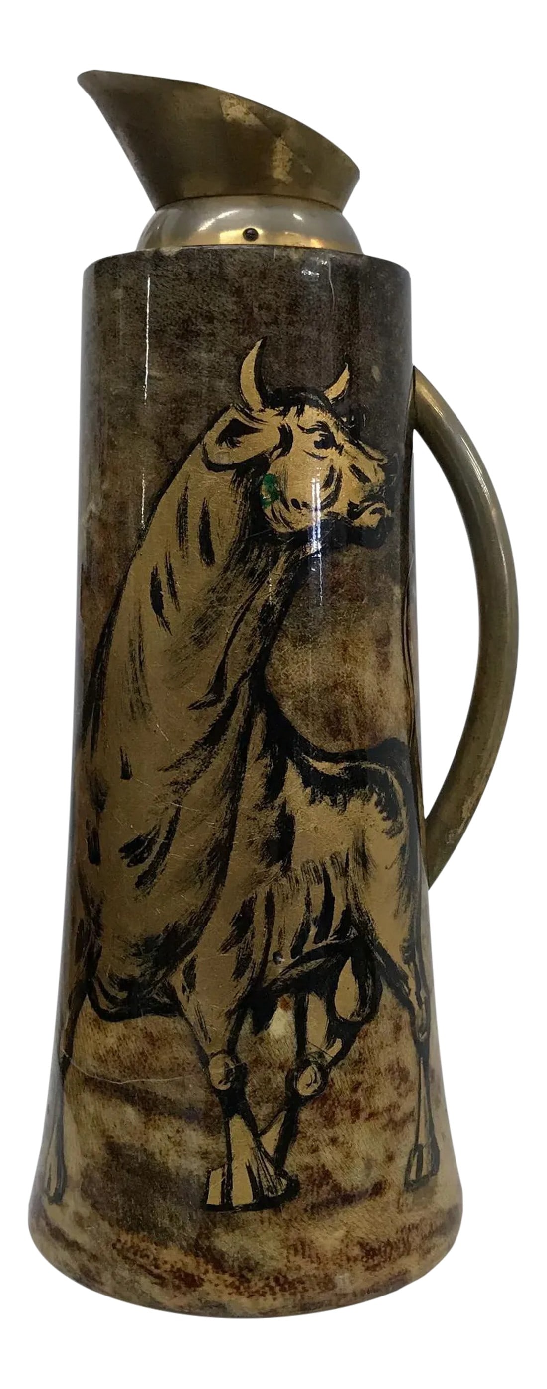 1950s Aldo Tura Pitcher Golden Bull Goatskin Brass Milan Italy: AMBIANIC presents 1950s Aldo Tura Macabo Cusano Hand Painted Gold Pitcher Goatskin & Brass Milan Italy Stunning artwork fancy Gold Italian Bull hand-painted. 14 h x 5.5 d x 5.5 Original preowned