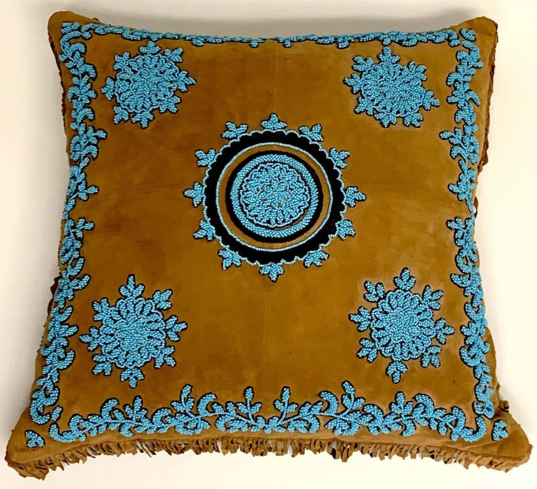 Late 20th Century Native American Style Suede Pillow With Turquoise Glass Beadwork - 10