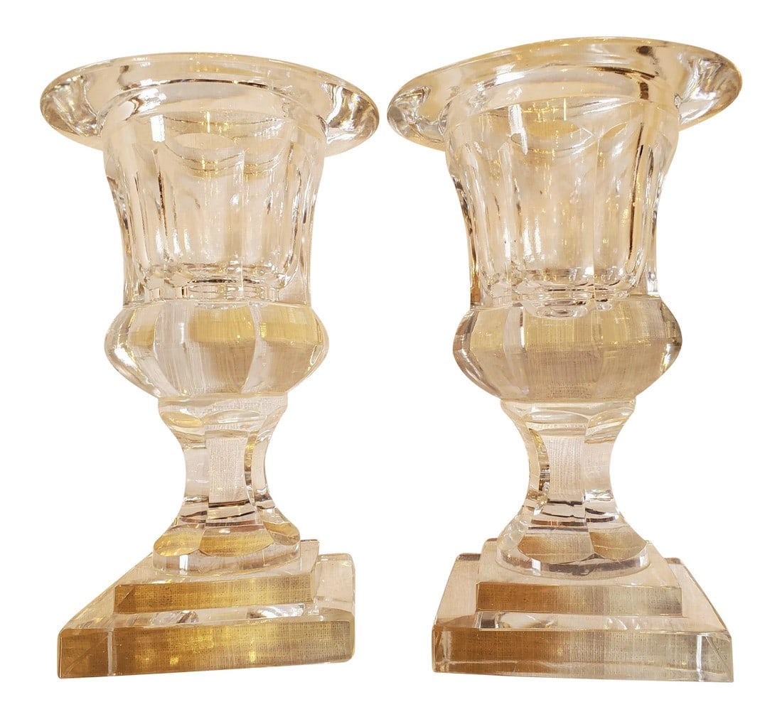 Small Crystal Urns - a Pair: Very pretty pair of cut crystal urns in a diminutive size. Bases 3.5" square. Condition: Alterations: Original Condition Unaltered Imperfections: Some Imperfections Condition Notes: Good. Wear