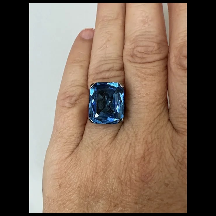Mid 20th Century French Sterling Blue Faceted Stone Ring, Size 6.5 - 10