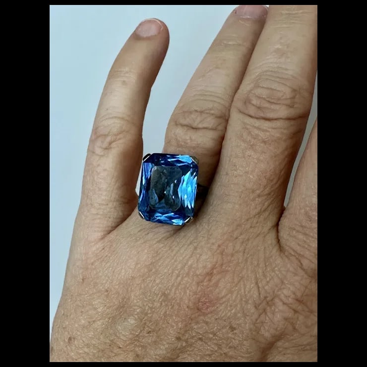 Mid 20th Century French Sterling Blue Faceted Stone Ring, Size 6.5 - 11