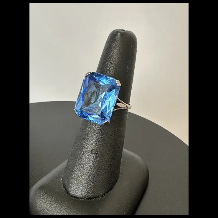 Mid 20th Century French Sterling Blue Faceted Stone Ring, Size 6.5 - 9