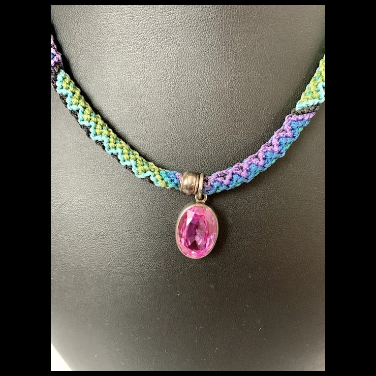 Sterling and Pink Stone Macrame Necklace - 12