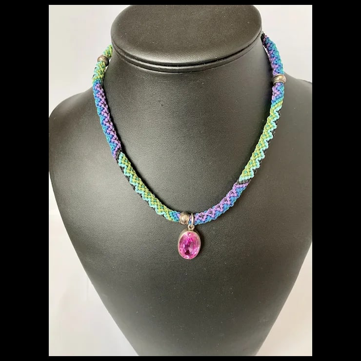 Sterling and Pink Stone Macrame Necklace - 2