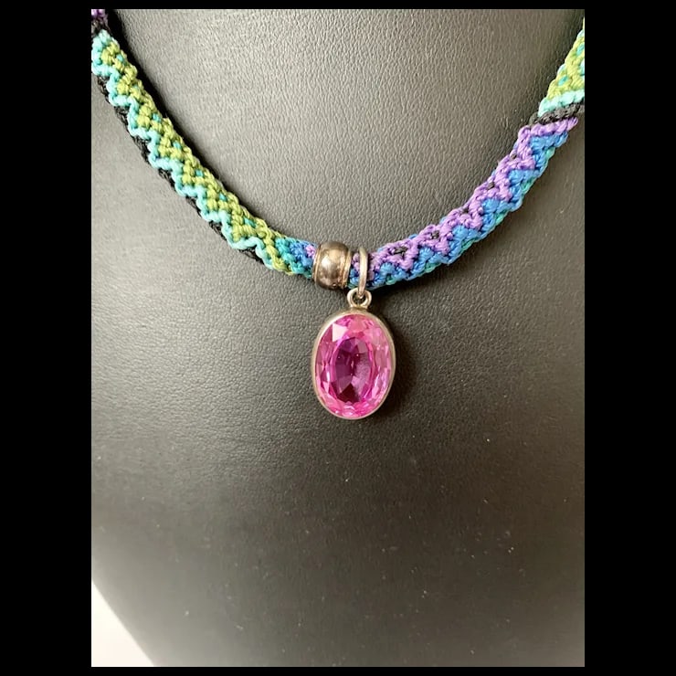Sterling and Pink Stone Macrame Necklace - 3
