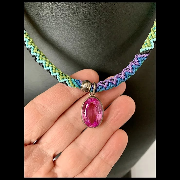 Sterling and Pink Stone Macrame Necklace - 4