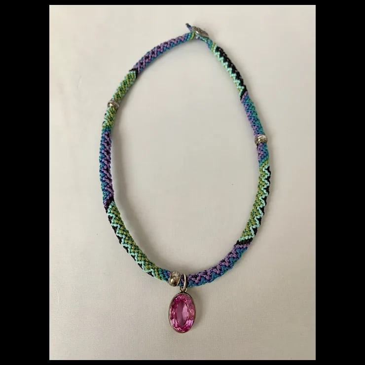 Sterling and Pink Stone Macrame Necklace - 6