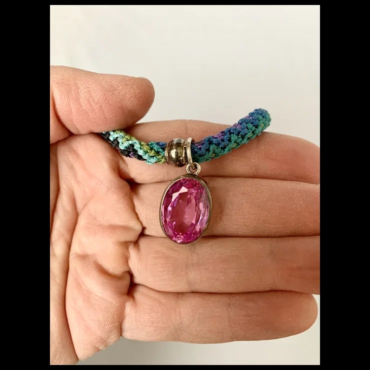Sterling and Pink Stone Macrame Necklace - 9