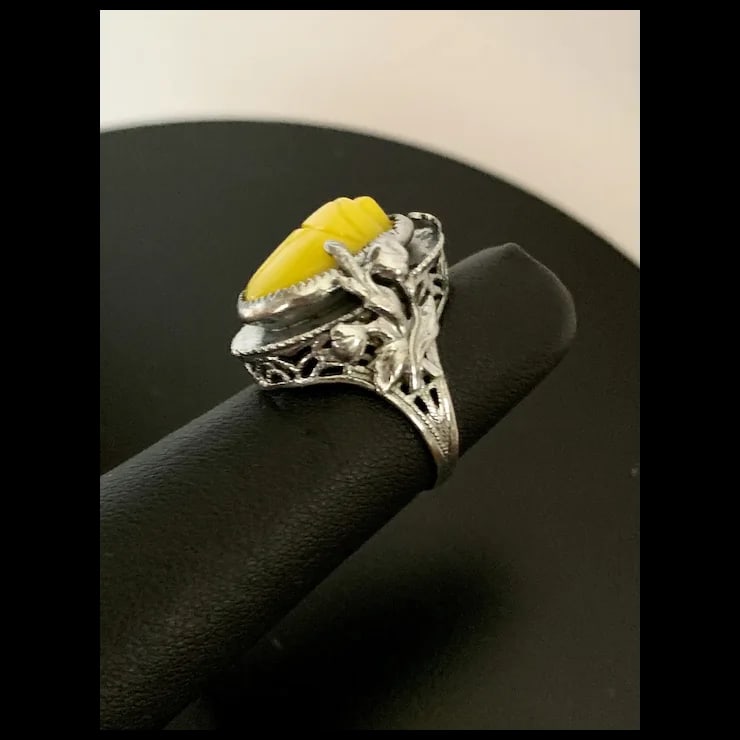 Mid 20th Century Sterling Filigree Scarab Ring, Size 5.25 - 5