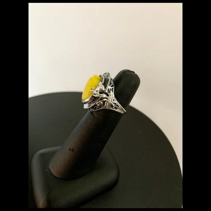 Mid 20th Century Sterling Filigree Scarab Ring, Size 5.25 - 6