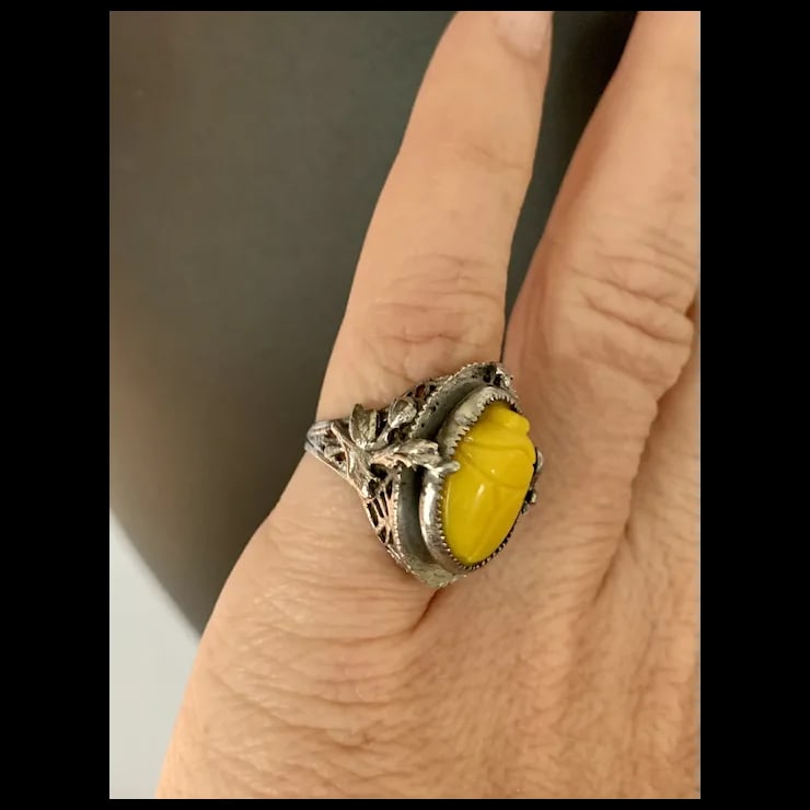 Mid 20th Century Sterling Filigree Scarab Ring, Size 5.25 - 8