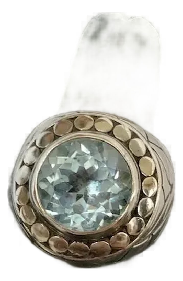 Sterling Blue Topaz Ring, Size 6.5: Blue topaz crowns the powerful design of this cocktail ring. Sterling silver and featuring modern stylizations, make this ring unique. It features some 8.5 gemstone carats of blue topaz. It weighs a