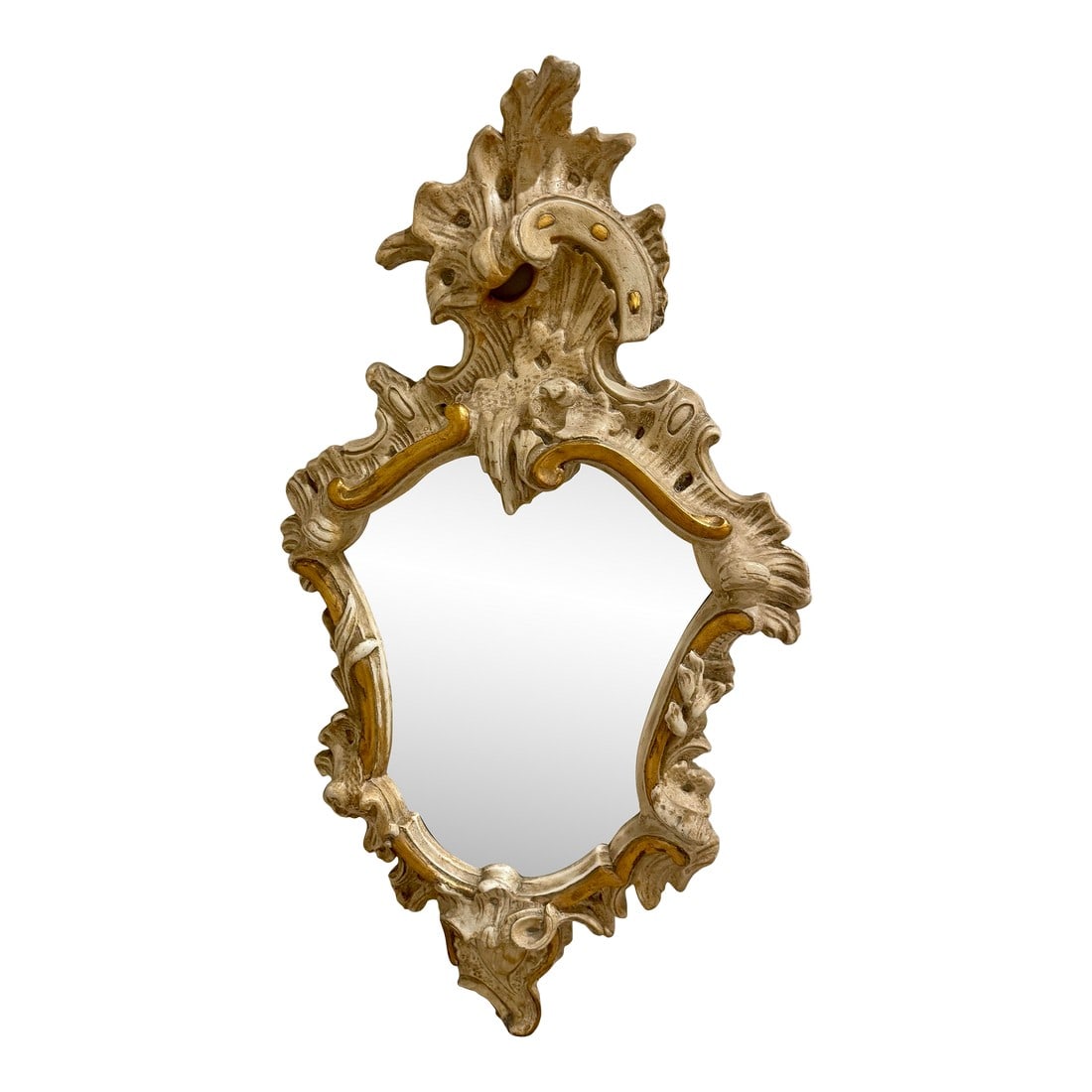 Semon Bache Plaster Rococo Mirror 1960s: Bold and unique vintage Semon Bache plaster Rococo mirror, featuring sculptural detailing and creamy aged finish. Richly ornamented with scrolling acanthus leaves, shell motifs, and hand-applied gilt
