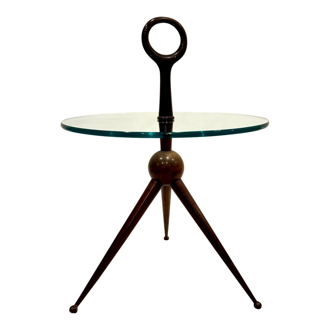 Iconic and Rare Cesare Lacca Ring-Handled Drink/Side/Coffee Table, Italy 1950s: Elegant and practical easy-to-move table with turned wooden structure and thick glass top, blocked by the central stem acting as a handle. Mid-Century Italian design at its chicest. Condition: