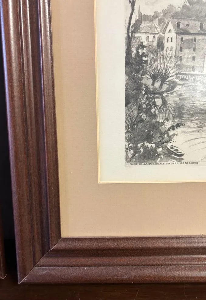 Pair of Vintage Signed Framed Etchings of Chartres Cathedral, Mid-Century - 10