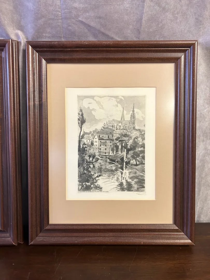Pair of Vintage Signed Framed Etchings of Chartres Cathedral, Mid-Century - 3