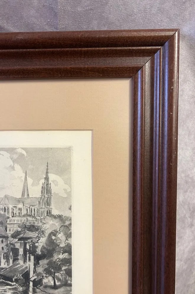Pair of Vintage Signed Framed Etchings of Chartres Cathedral, Mid-Century - 9