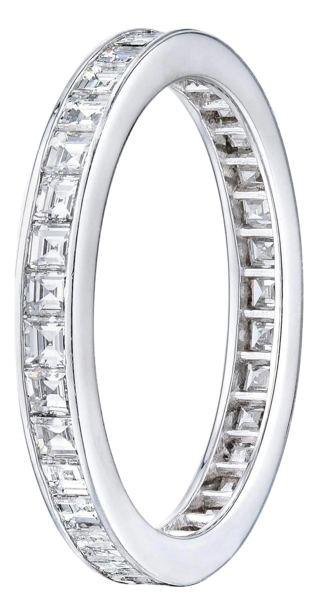 Carre Cut 1.50 Ct Channel Set Diamond Wedding Eternity Band Set in Platinum, Size 6: Diamond Eternity Band set in Platinum, featuring 35 beautifully matched Carre cut diamonds in a channel setting. This classic piece has the following specifications; Color and Clarity; F-G VVS1-VS2.