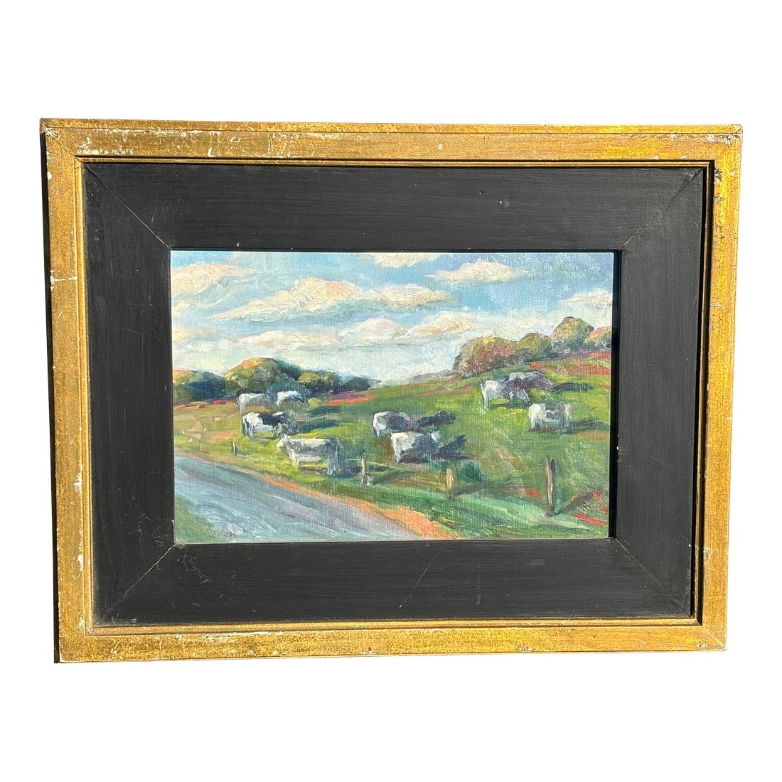 Dairy Cows - Mid 20th C. Farm Landscape - Original Oil on Board in Period Frame: Mid 20th C. original oil on board farm scene. Black and white dairy cows grazing on a hillside. Presents as Virginia or New England - discovered in a very fine Maryland estate. Fantastic sky and
