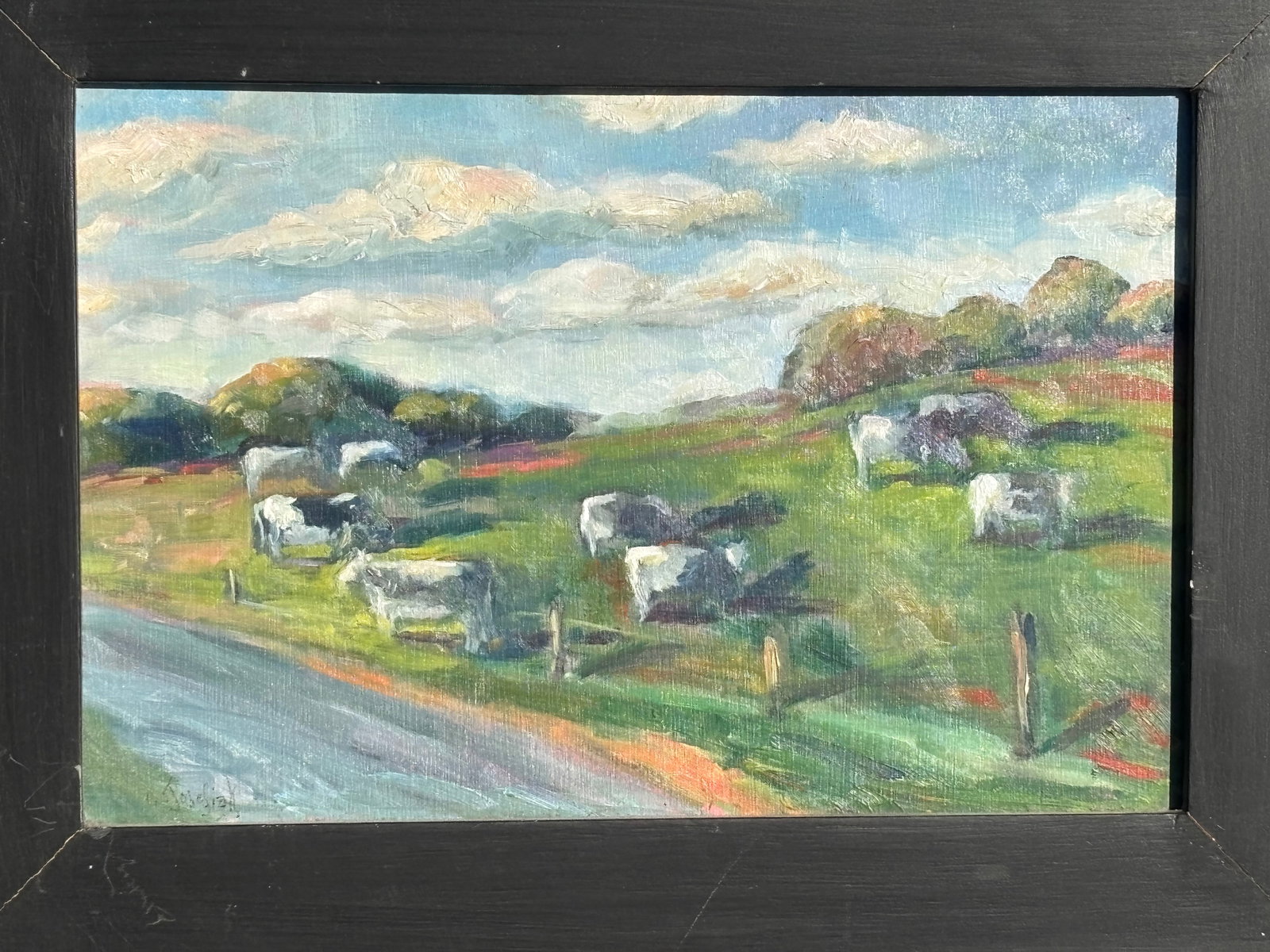 Dairy Cows - Mid 20th C. Farm Landscape - Original Oil on Board in Period Frame - 2