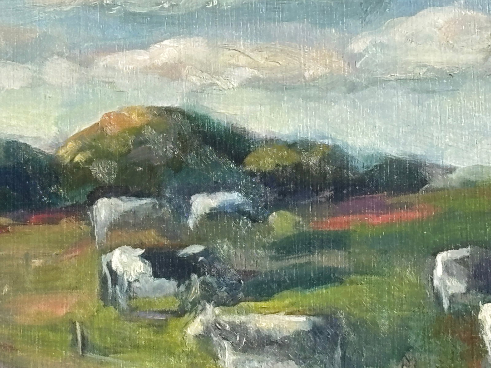 Dairy Cows - Mid 20th C. Farm Landscape - Original Oil on Board in Period Frame - 3