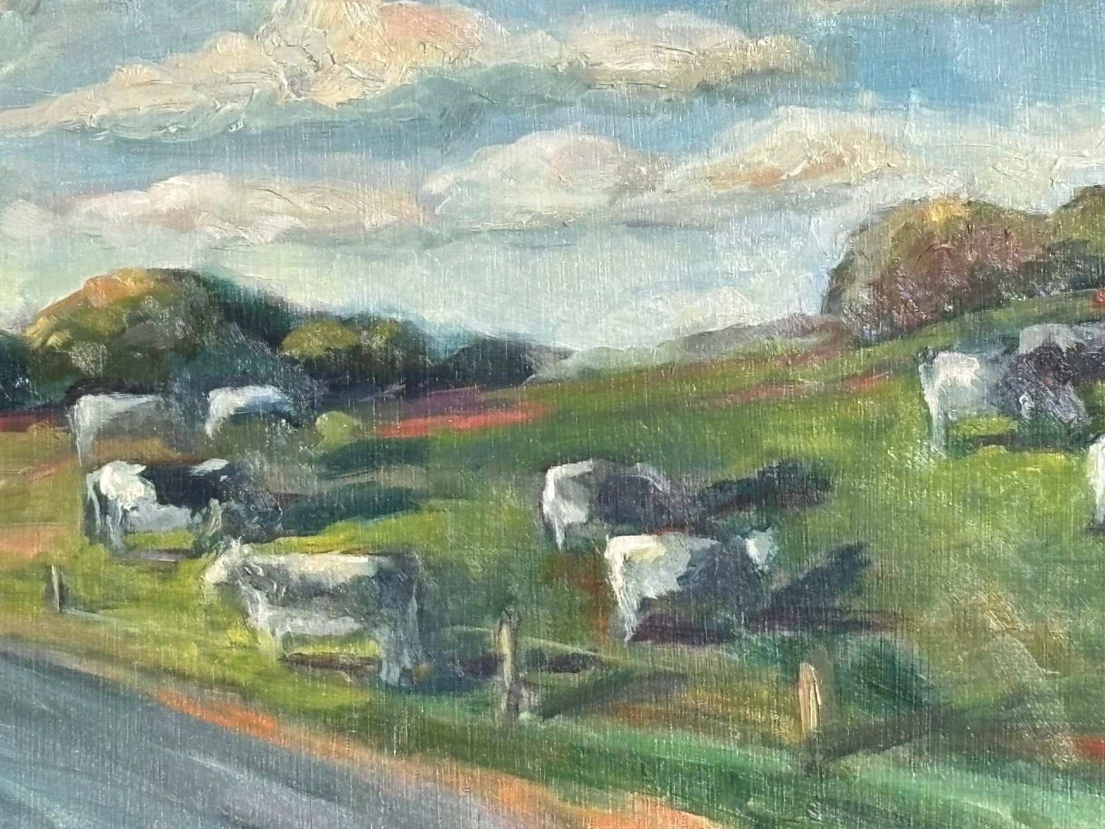 Dairy Cows - Mid 20th C. Farm Landscape - Original Oil on Board in Period Frame - 4