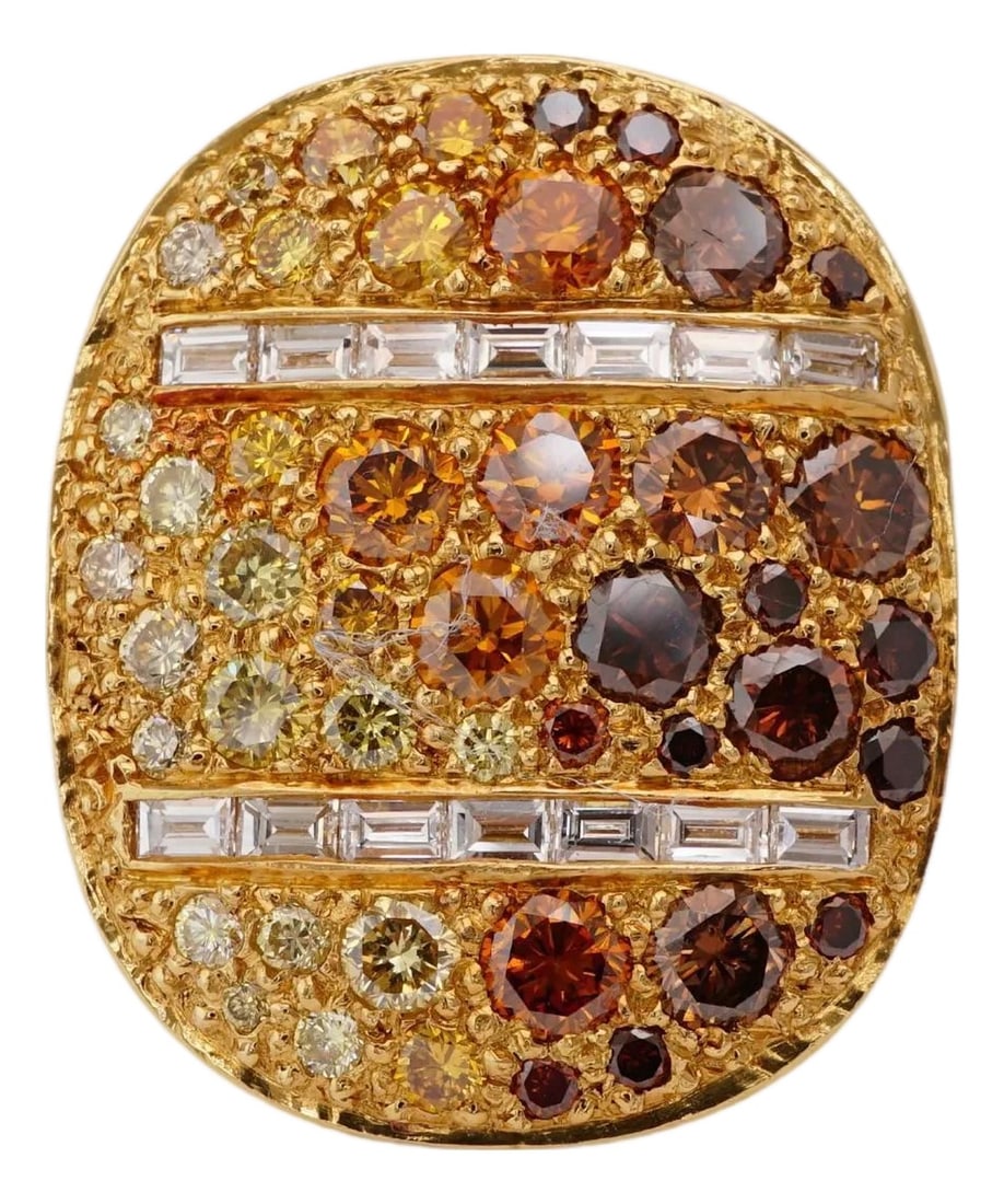 Strawberry Fields Simon Ardem Central Park Fall Collection, Size 6: Oval design natural fancy earth tone diamond pave and two bands of channel set baguettes. Yellow, Brown, Orange and White Fancy colored VVS-SI1 diamonds. Set in 18K Yellow gold. Finger size: 6. Proudl
